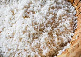 Raw sticky rice white in steamer bamboo for cook steamed food