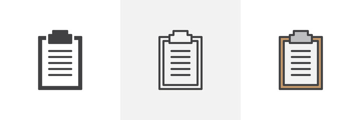 Checklist document icon. Line, glyph and filled outline colorful version, paper clipboard outline and filled vector sign. Symbol, logo illustration. Different style icons set. Pixel perfect vector