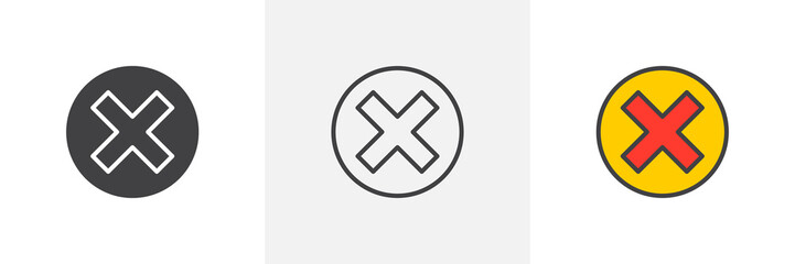 Delete button icon. Line, glyph and filled outline colorful version, Close, reject cross button outline and filled vector sign. Symbol, logo illustration. Different style icons set. Pixel perfect 