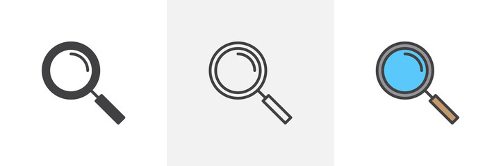 Magnifying glass icon. Line, glyph and filled outline colorful version, magnifier outline and filled vector sign. Search symbol, logo illustration. Different style icons set. Pixel perfect vector 