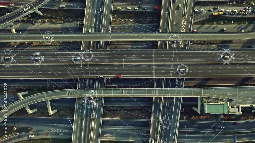 Poster Aerial view from above of traffic on the elevated expressway with futuristic autonomous, driverless cars using artificial intelligence computer network and satellite gps for navigation