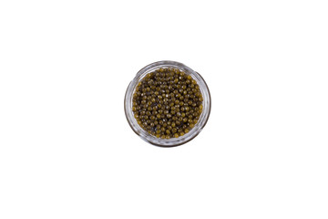 Gold - Yellow caviar in a bowl on a white background. High price