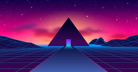 Ancient mysterious pyramid in 80s styled neon landscape with purple sky and blue mountains in retrowave, synthwave style graphics - obrazy, fototapety, plakaty