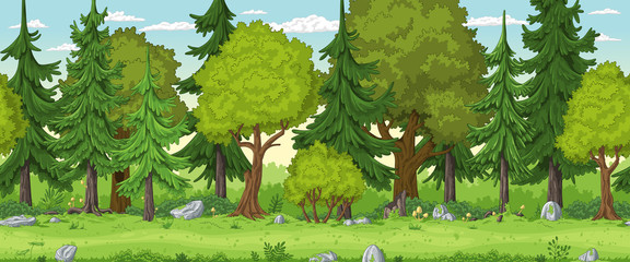 Seamless cartoon forest landscape. Hand draw with separate layers.