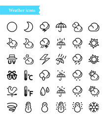 Set of vector line icons of weather, 36 illustrations