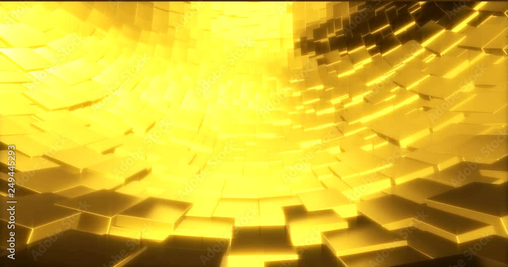 Poster abstract graphics background with golden cubes on a sphere. 3d rendering