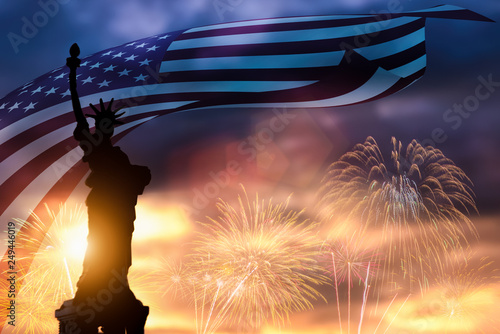 Silhouette of Liberty Statue on American flag and fireworks background. Symbols of USA. Patriot concept and Independence Day (United States) or ID4