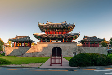 Pungnammun Gate, south gate of city wall of Jeonju remaining from Joseon Dynasty since 1768 designated as architectural treasure No. 308 of South Korea - obrazy, fototapety, plakaty