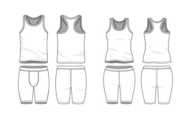 Blank clothing templates. Tank top and training short in front, back views. Sport wear, gym cloth. Vector illustration. Male and female clothes set. Isolated on white background.