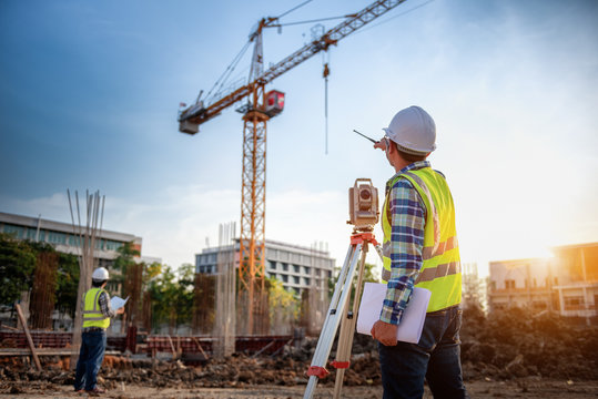Surveyor equipment. Surveyor&rsquo;s telescope at construction site or Surveying for making contour plans is a graphical representation of the lay of the land startup construction work.