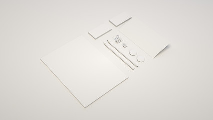 Sheet of paper, business cards, binder clips, badges and pencils