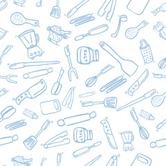 Simple Hand Draw Sketch Seamless Pattern Blue Background, Cook Ware, for wallpaper, backdrop, wrapping paper or other