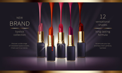 Cosmetic realistic vector ads banner with premium lipstick for perfect makeup, decorative cosmetics. Makeup product in black, golden sticks with lliquid drips of various shades, for magazine, catalog