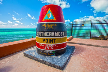 Southernmost point in continental. 90 miles to Cuba. Home of the Sunset. Key West. Florida. USA. - obrazy, fototapety, plakaty