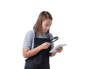 worker woman or Serviceman in Gray shirt and apron is holding notepad and use Magnifying glass isolated