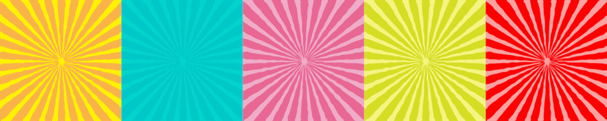Obraz premium Sunburst set with ray of light. Template. Five abstract background set line. Flat design. Yellow, blue, pink, green, red color.