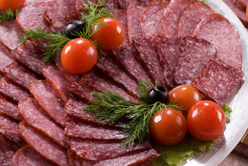 Different kinds of meat cuts on the white plate