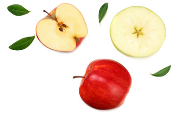 red apples with slices isolated on white background. top view