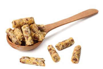 Granola breakfast in wooden spoon isolated on white background. muesli. healthy food. fitness food.