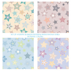 Set of 4 funny seamless patterns with fantasy stars in pastel colors