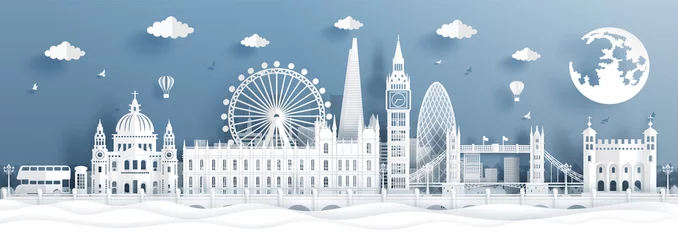 Deurstickers Panorama postcard and travel poster of world famous landmarks of London, England in paper cut style vector illustration © ChonnieArtwork 