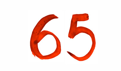 The number 65, painted with a brush in watercolor. Vintage symbol made by hand.