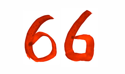 The number 66, painted with a brush in watercolor. Vintage symbol made by hand.