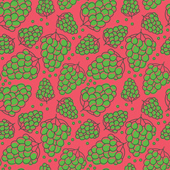 Grape seamless pattern. Hand drawn fresh fruit. Vector sketch background. Color doodle wallpaper. Green and pink colors. Berry print