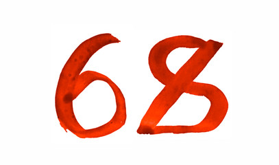 Fototapeta premium The number 68, painted with a brush in watercolor. Vintage symbol made by hand.