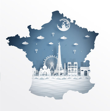 Paris map concept with famous landmark for travel postcard and poster, brochure, advertising in paper cut style vector illustration.