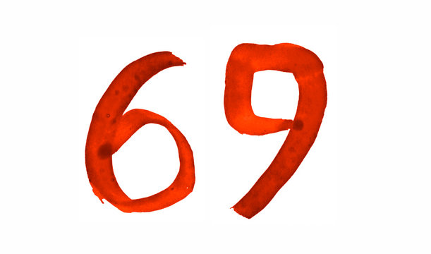 The number 69, painted with a brush in watercolor. Vintage symbol made by hand.