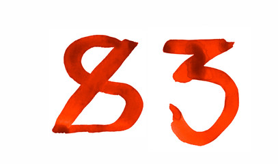 Fototapeta premium The number 83, painted with a brush in watercolor. Vintage symbol made by hand.