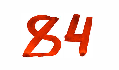The number 84, painted with a brush in watercolor. Vintage symbol made by hand.