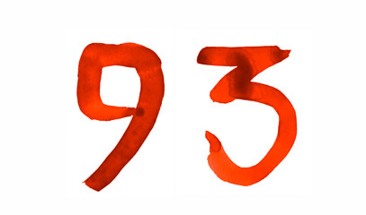The number 93, painted with a brush in watercolor. Vintage symbol made by hand.