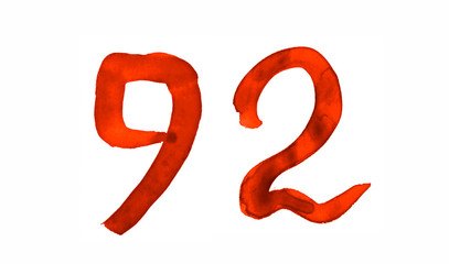 The number 92, painted with a brush in watercolor. Vintage symbol made by hand.