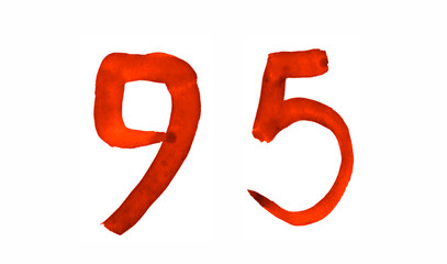 Fototapeta premium The number 95, painted with a brush in watercolor. Vintage symbol made by hand.