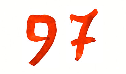 The number 97, painted with a brush in watercolor. Vintage symbol made by hand.