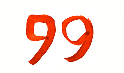 Fototapeta premium The number 99, painted with a brush in watercolor. Vintage symbol made by hand.
