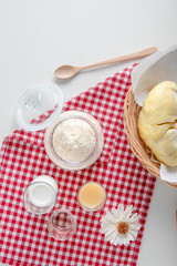 wooden plate spoon drink powder cloth white top