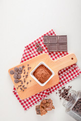 wooden plate spoon drink powder cloth white top