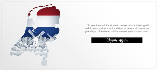 Tour and travel advertising template with travel to Amsterdam, The Netherlands with famous landmarks in paper cut style vector illustration 