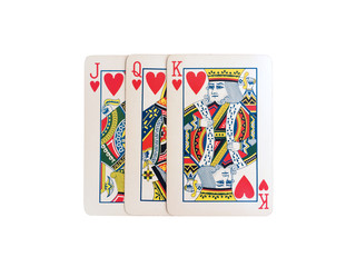 Three cards of heart set of Jack, Queen, King card arrange overlap isolated on white background.