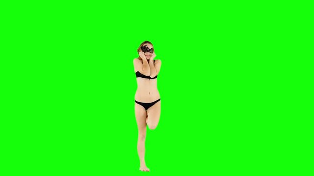 Excited Girl Being Happy Jumps in Lingerie on Green Screen