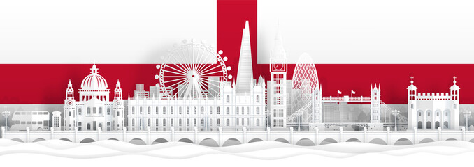 England flag and famous landmarks in paper cut style vector illustration. 