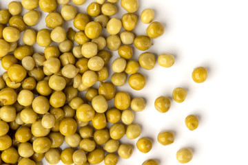 Canned green peas isolated on white background.