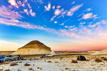 A stunning sunset view of the Giant Stone Yurt, Bozzhira, Mangystau, Kazakhstan