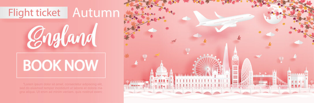 Flight and ticket advertising template with travel to London, England in autumn season deal with falling maple leaves and famous landmarks in paper cut style vector illustration