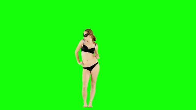 Elegant Girl in Black Lingerie is Looking Around Green Screen