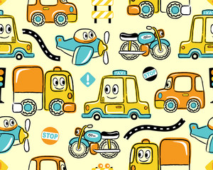 Seamless pattern vector with funny vehicles cartoon