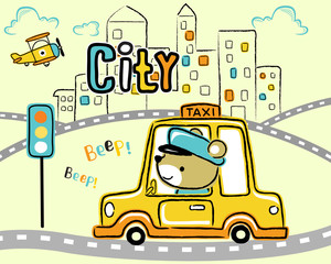 Naklejka premium yellow taxi cartoon in city road with small plane on building background